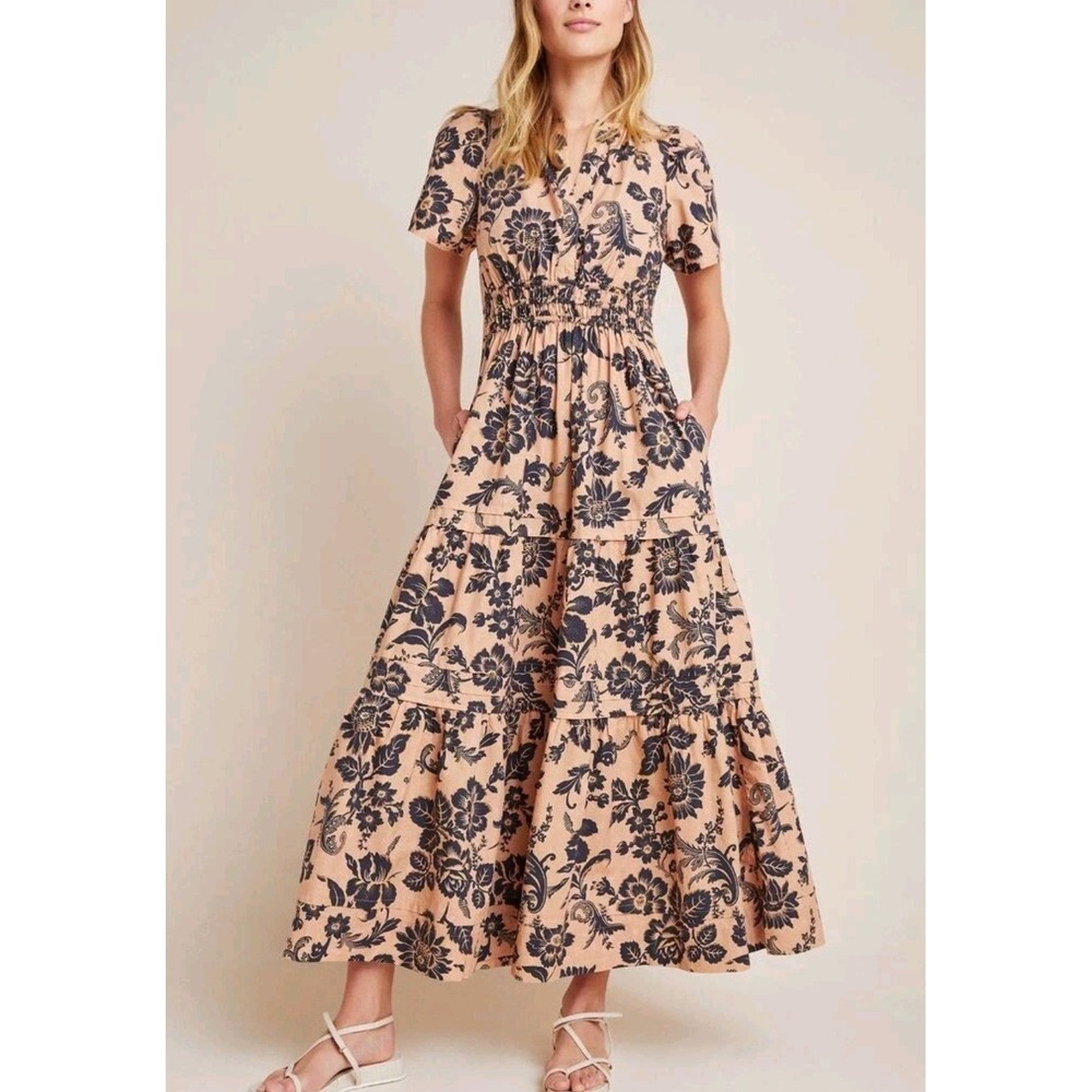 Anthropologie Somerset Floral Tiered Cotton Maxi Dress Tan Black XS